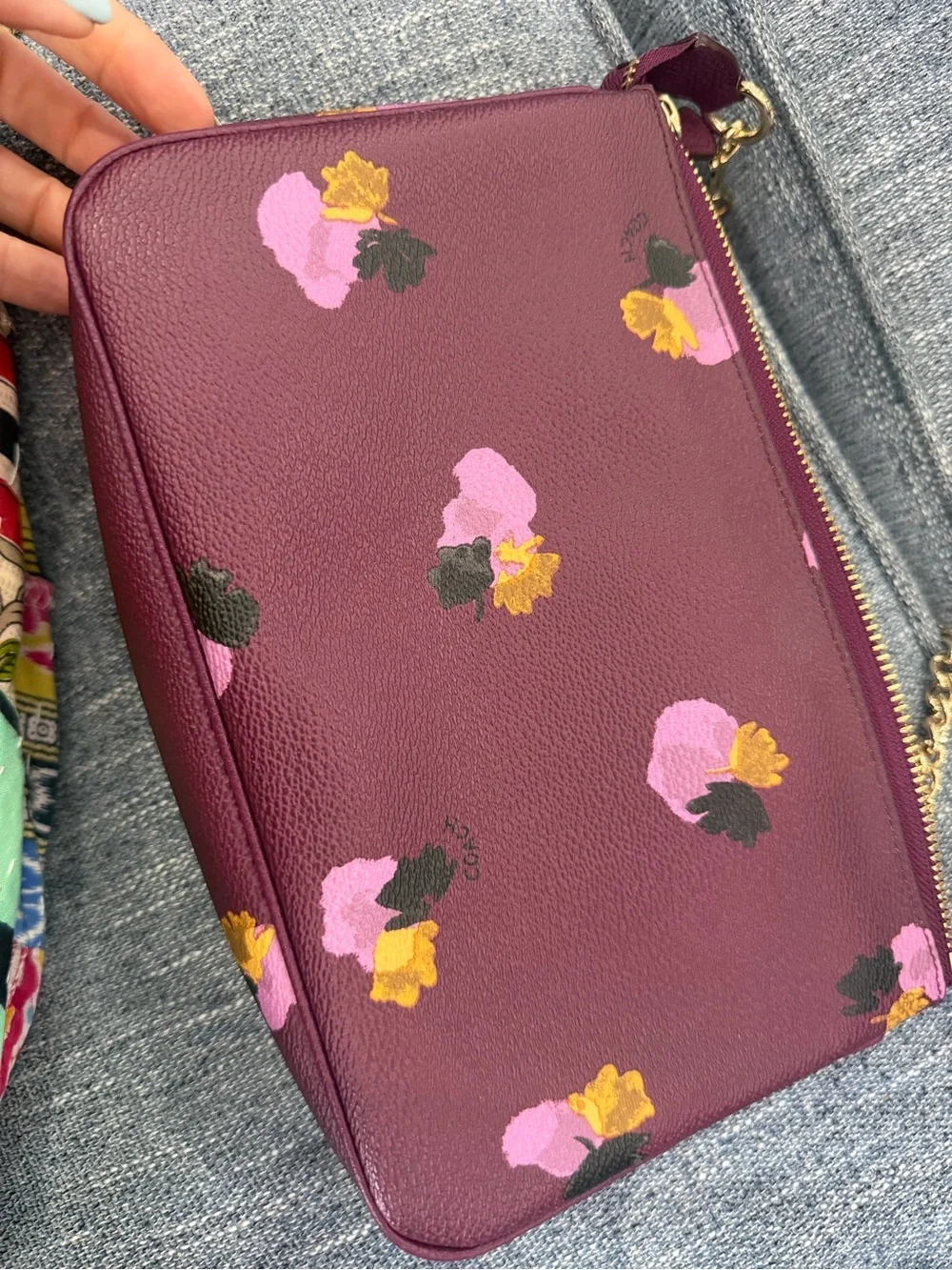 COACH 65152 Nolita 24 Wristlet Burgundy Purple Pebble Leather floral chain bag